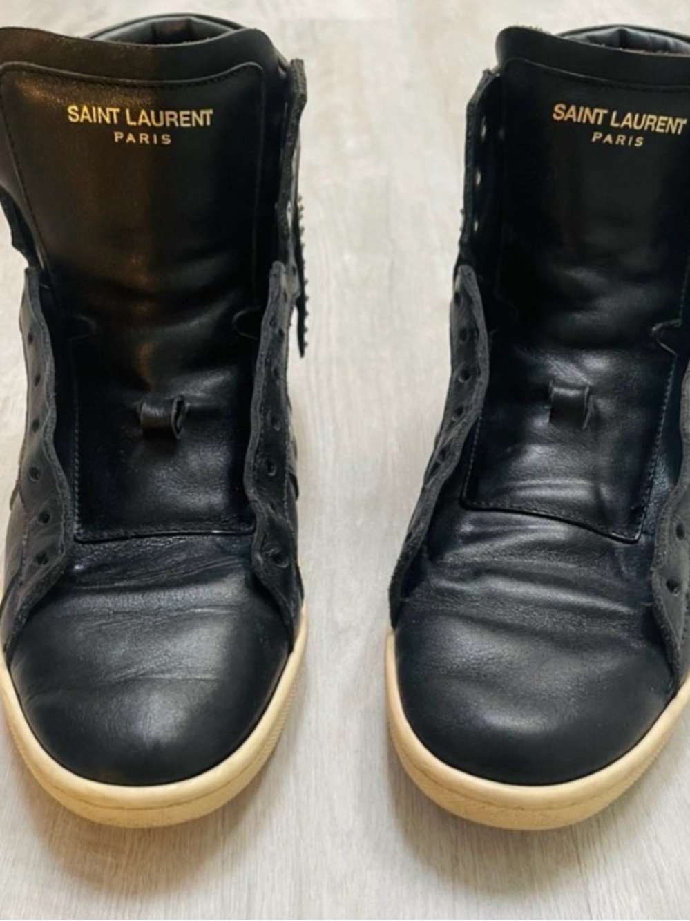 Saint Laurent Black Leather High-Top Sneakers with Cream Soles